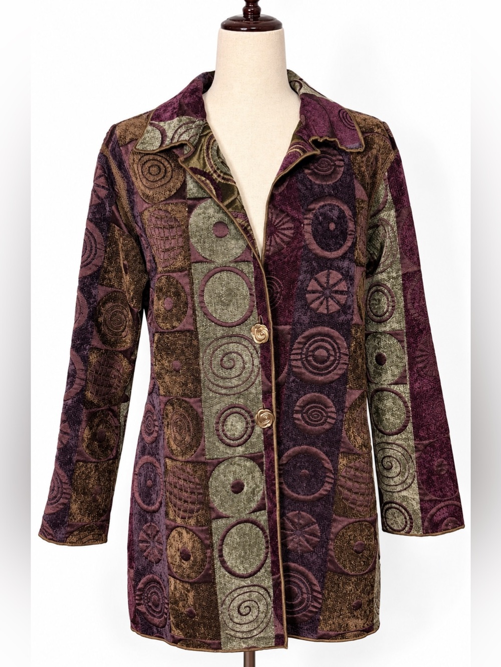 Boho Tapestry jacket/blazer cool colors- purple blue.  Raised geometric print. L